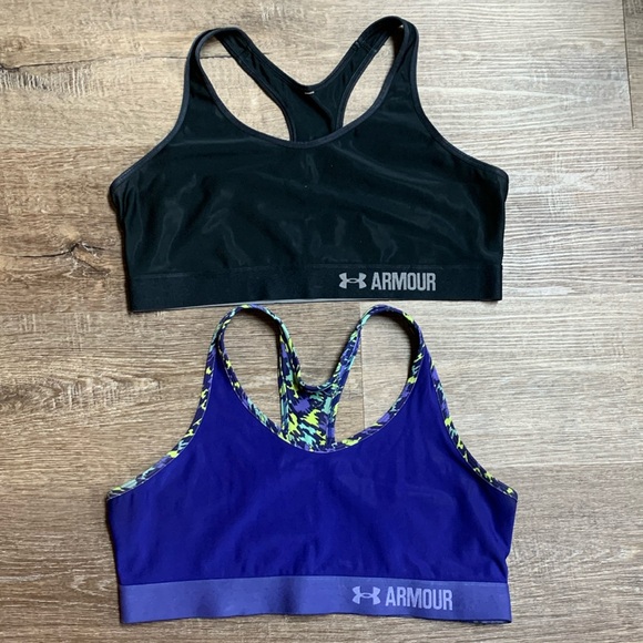 ✨Under‎ Amour Bundle of 2 Athletic Sports Bras Purple and Black Women's Size M - Picture 1 of 7